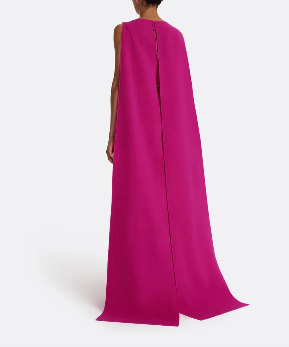Fuchsia Boat Neck Crystal Trim Cape Sleeve Mermaid Maxi Evening Gown