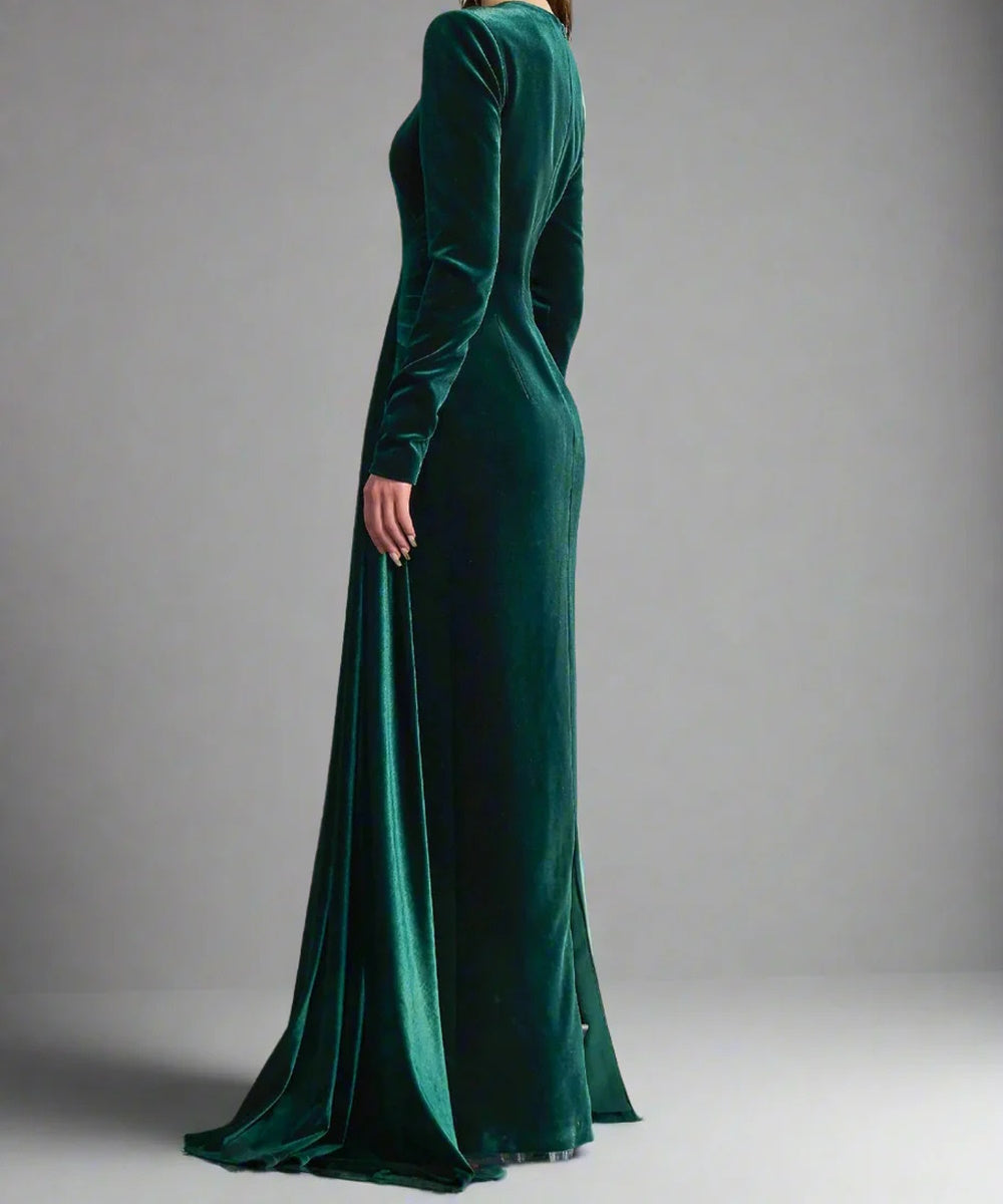Emerald Green Velvet Round Neck Long Sleeve Diagonal Pleated Mermaid Train Evening Gown