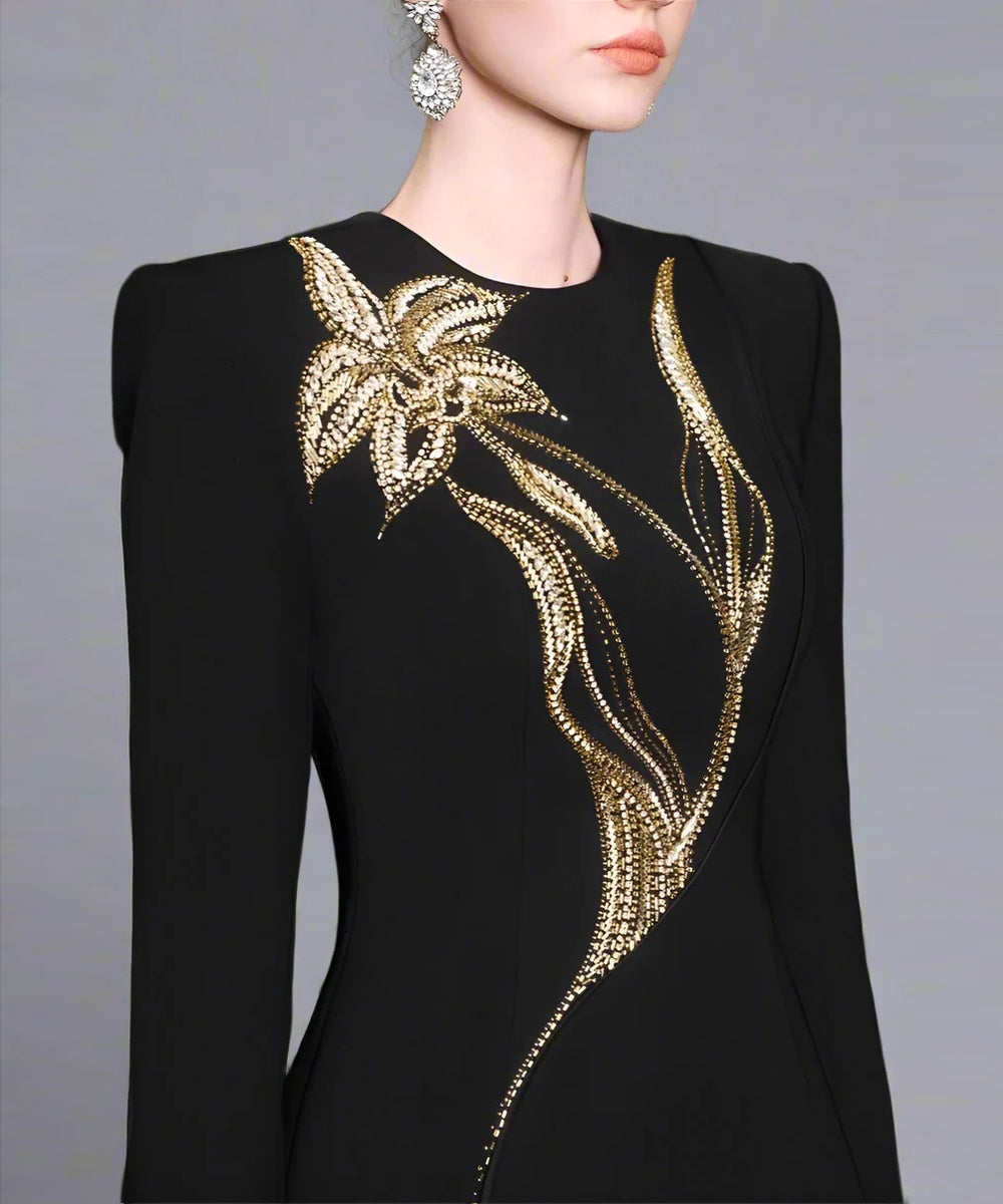 Black Long Sleeve Round Neck Gold Floral Rhinestone Embellished Column Formal Maxi Gown