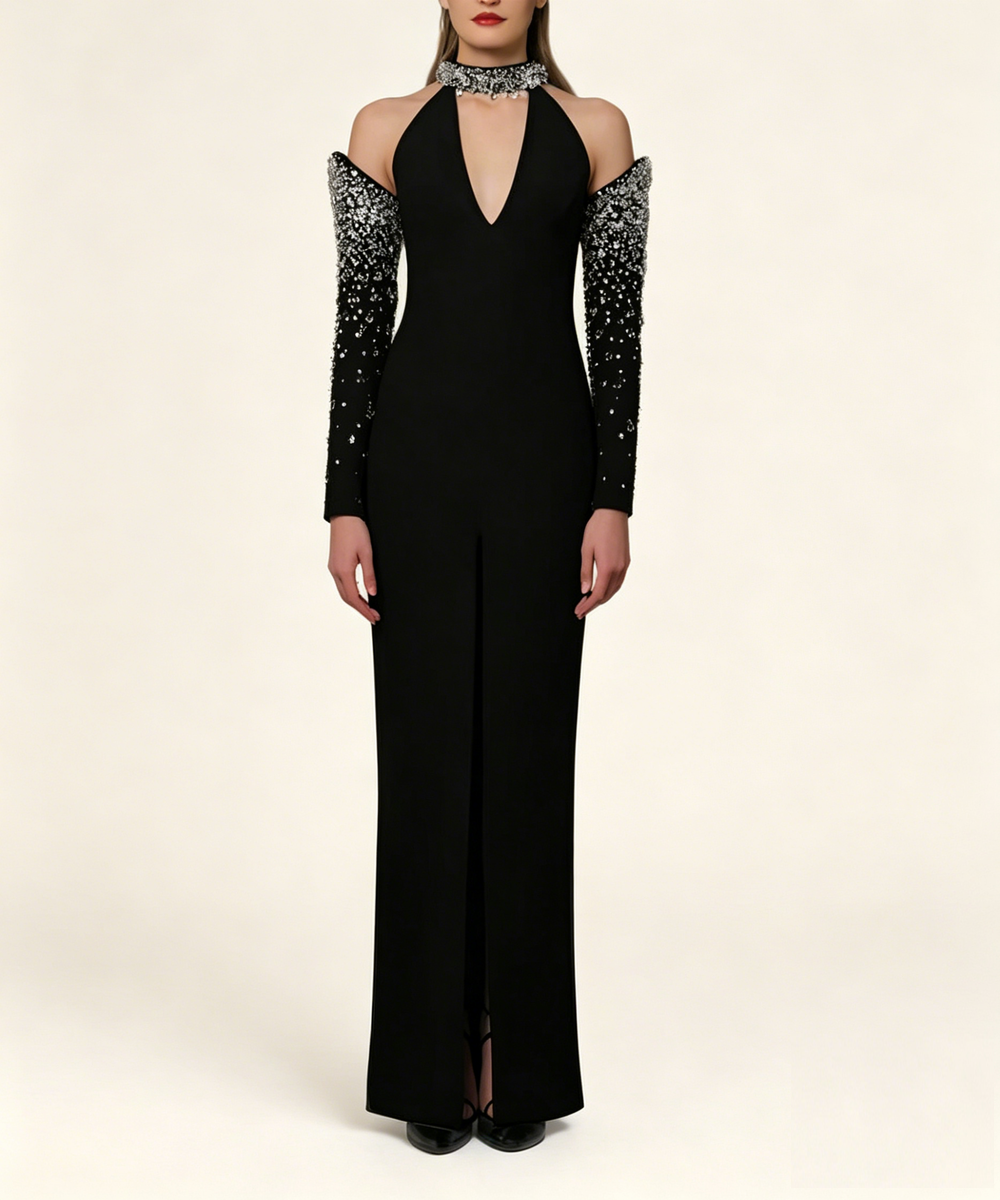 Black Off Shoulder Halter Crystal Beaded Slit Evening Maxi Dress