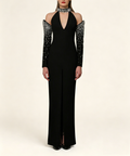Black Off Shoulder Halter Crystal Beaded Slit Evening Maxi Dress