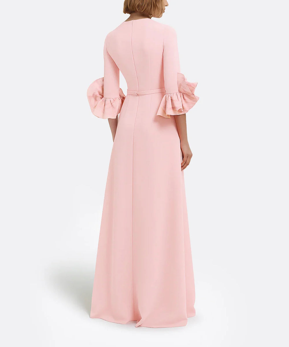 Blush Pink Round Neck 3/4 Sleeve Ruffle Cuff Column Maxi Gown With Crystal Waist Belt