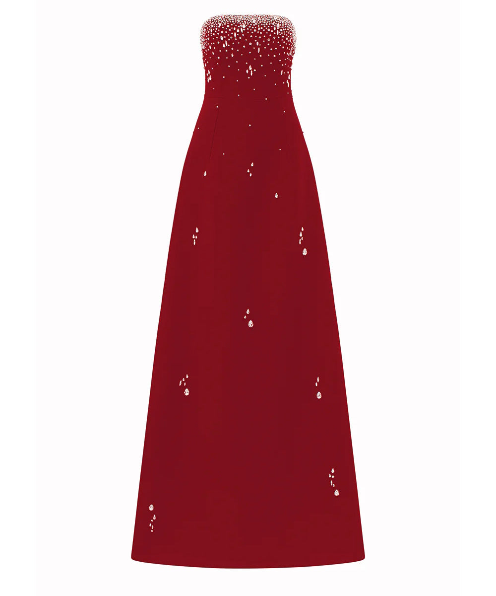 Strapless Scattered Crystal Embellished A-Line Maxi Evening Gown