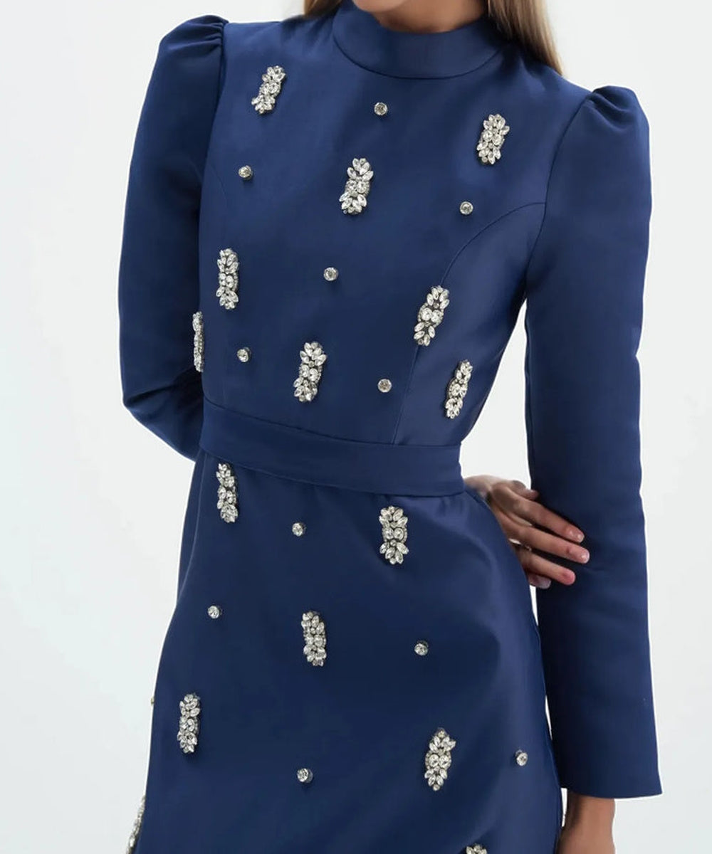 High Neck Puff Sleeve Rhinestone Feather Midi Formal Dress With Belt