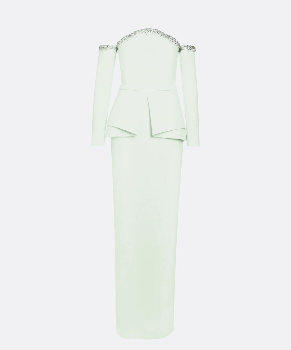 Mint Green Off The Shoulder Crystal Trim Peplum Column Maxi Evening Gown