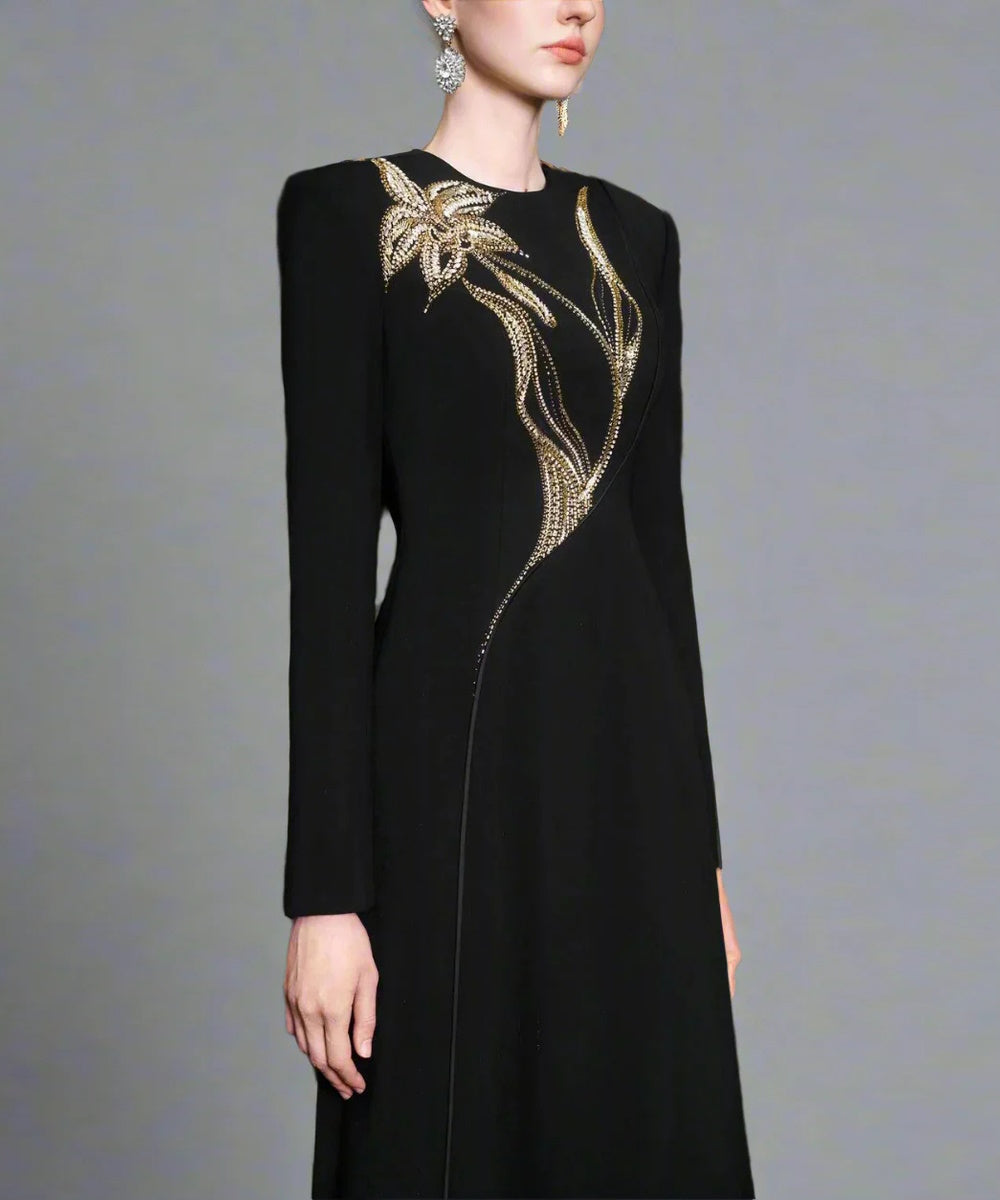 Black Long Sleeve Round Neck Gold Floral Rhinestone Embellished Column Formal Maxi Gown