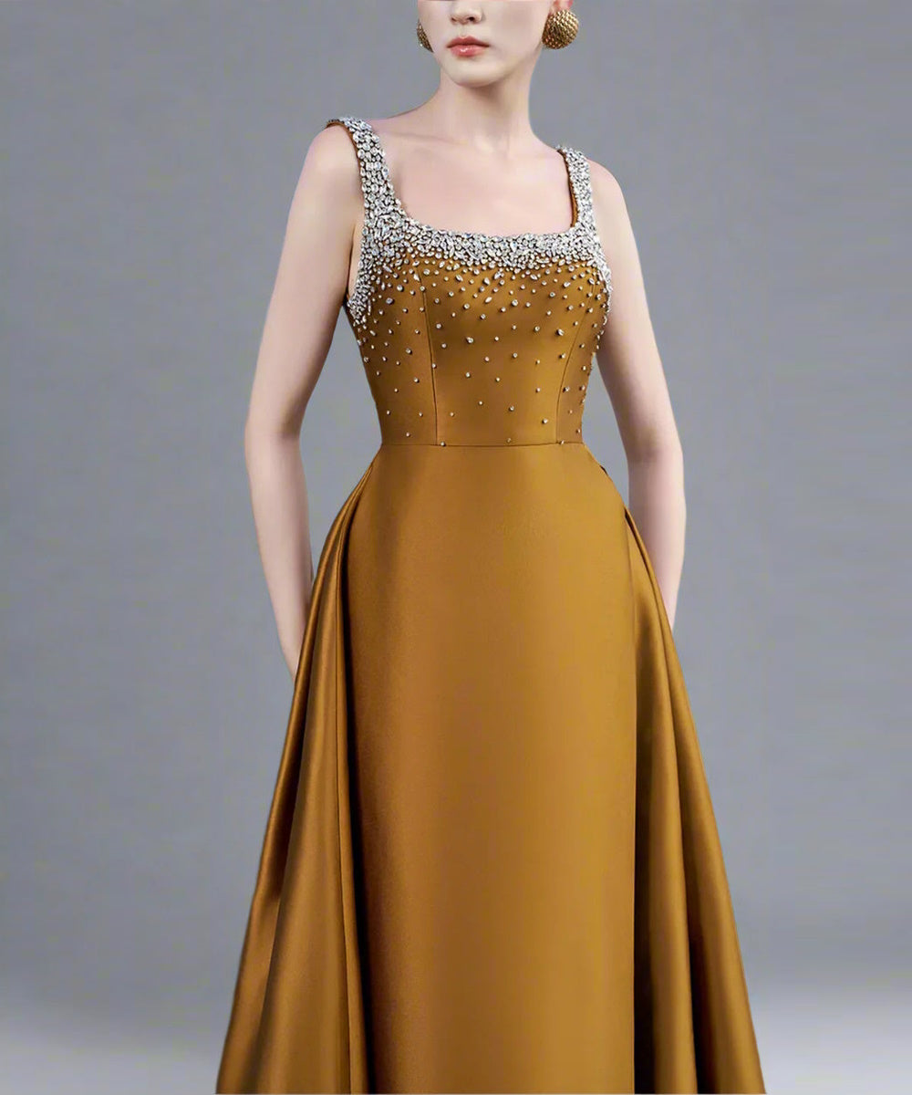 Rhinestone Sleeveless Square Neck Ball Gown With Front Slit