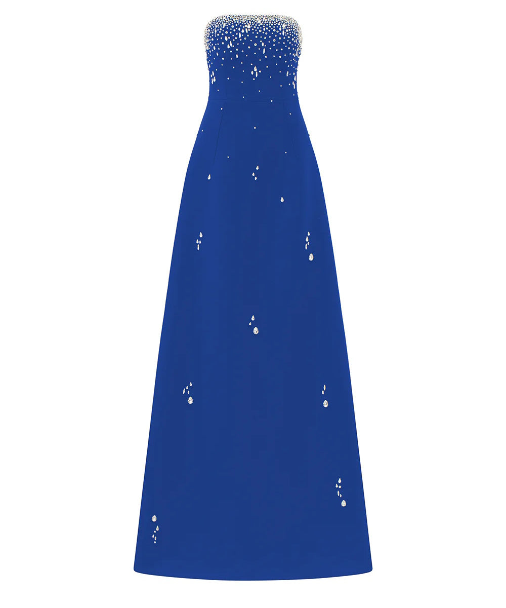 Strapless Scattered Crystal Embellished A-Line Maxi Evening Gown