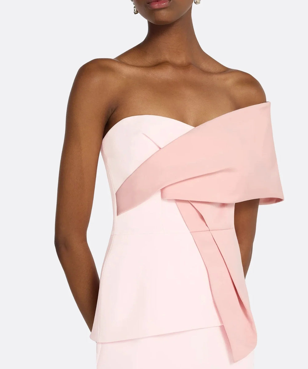Light Pink One Shoulder Oversized Fold Panel Peplum Column Maxi Evening Gown