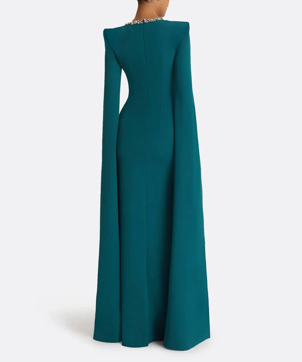 Teal Structured Shoulder Crystal Neck Split Sleeve Formal Maxi Dress