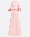 Blush Pink Round Neck 3/4 Sleeve Ruffle Cuff Column Maxi Gown With Crystal Waist Belt