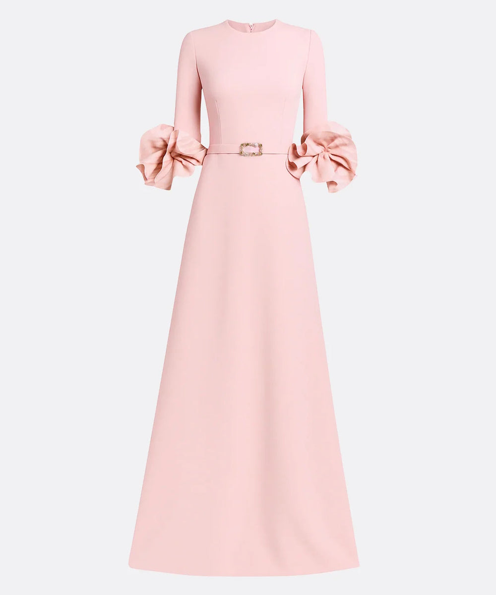 Blush Pink Round Neck 3/4 Sleeve Ruffle Cuff Column Maxi Gown With Crystal Waist Belt