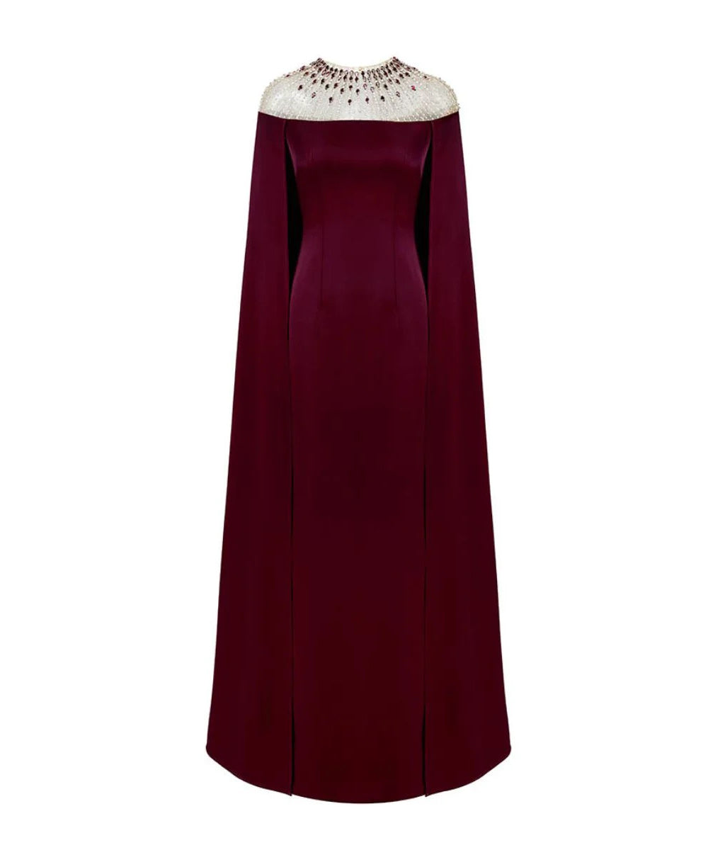 Mesh Beaded Illusion Neck Floor Length Crepe Formal Maxi Dress