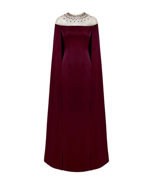 Mesh Beaded Illusion Neck Floor Length Crepe Formal Maxi Dress