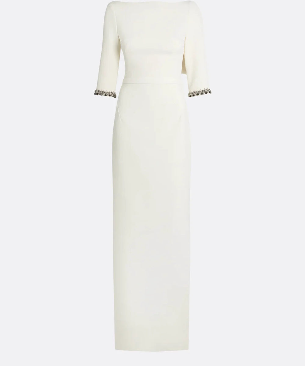 Ivory Boat Neck Draped Back Crystal Cuff Column Gown With Side Slit