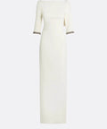 Ivory Boat Neck Draped Back Crystal Cuff Column Gown With Side Slit