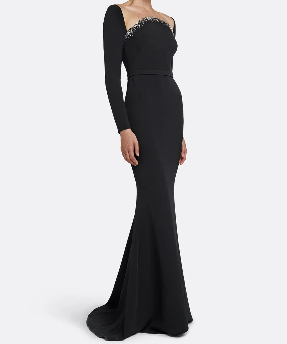 Straight Off Shoulder Long Sleeve Crystal Beaded Black Mermaid Train Evening Gown