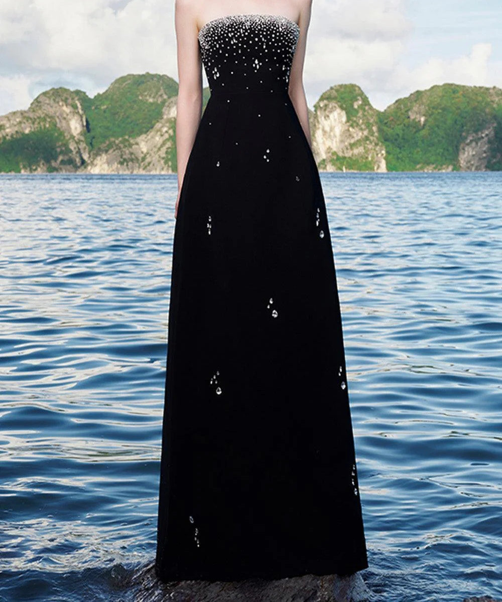 Strapless Scattered Crystal Embellished A-Line Maxi Evening Gown