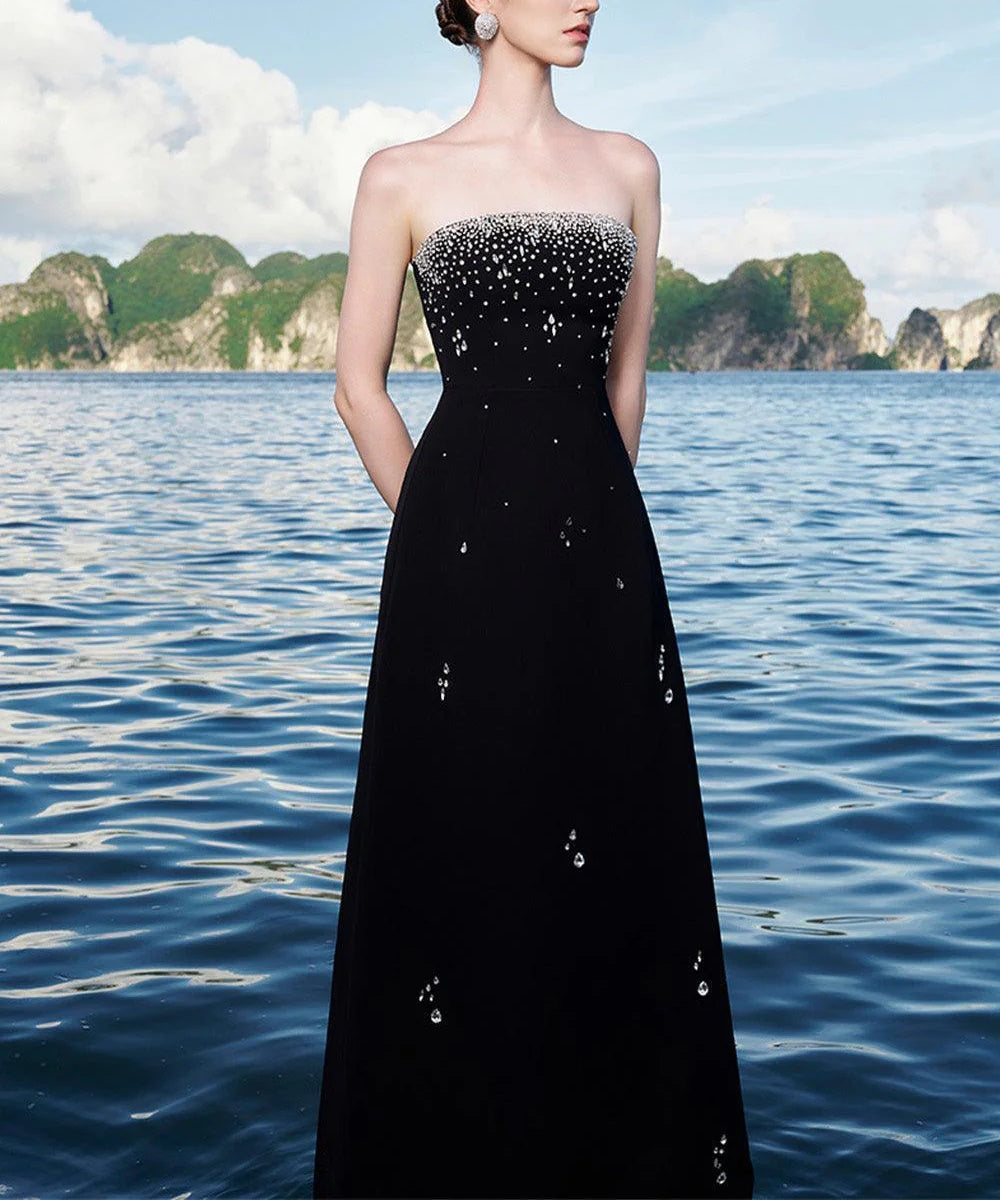 Strapless Scattered Crystal Embellished A-Line Maxi Evening Gown