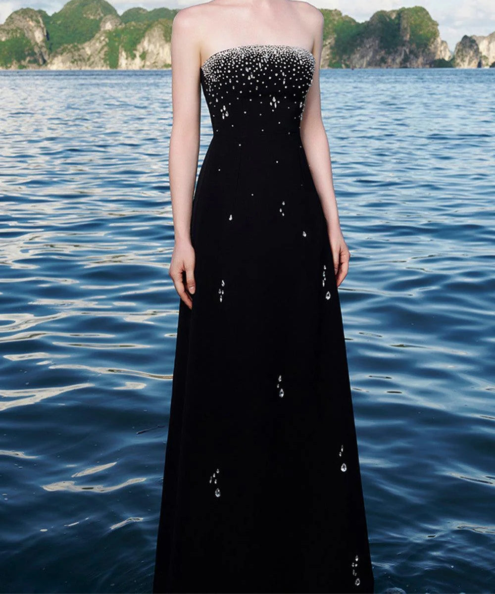 Strapless Scattered Crystal Embellished A-Line Maxi Evening Gown