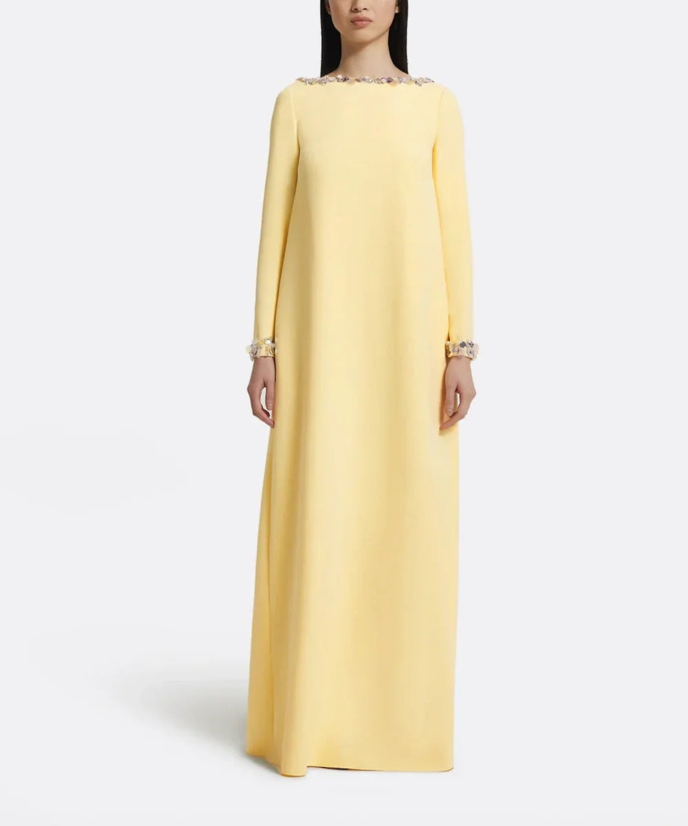 Pale Yellow Multi-Color Crystal Embellished Boat Neck Loose Straight Maxi Gown