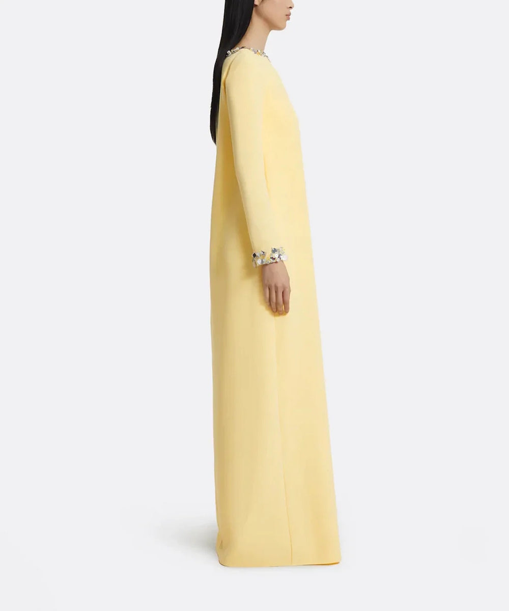 Pale Yellow Multi-Color Crystal Embellished Boat Neck Loose Straight Maxi Gown