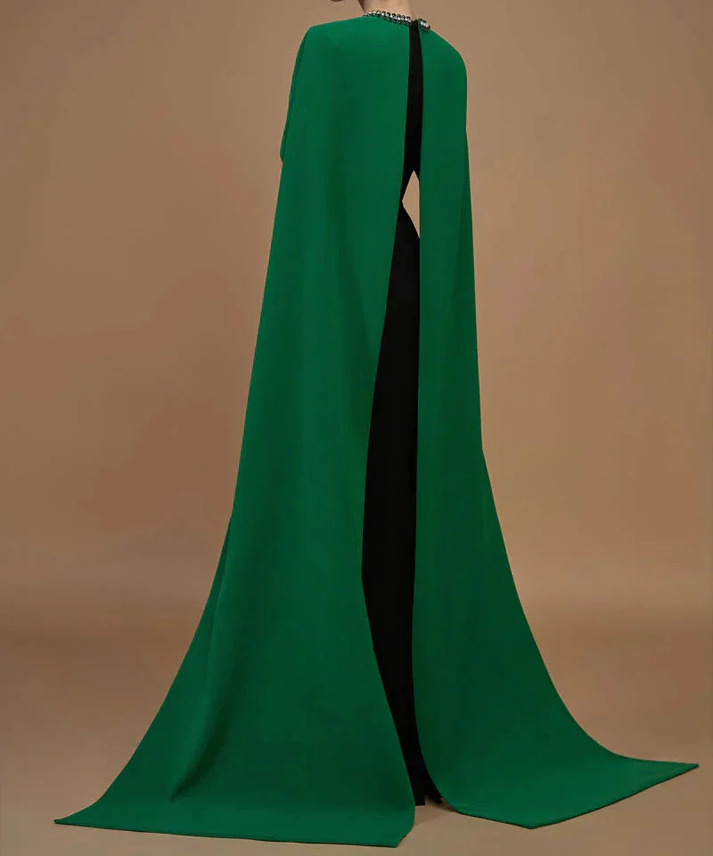 Two-Tone Emerald Cape Black Column Crystal Trim Evening Gown