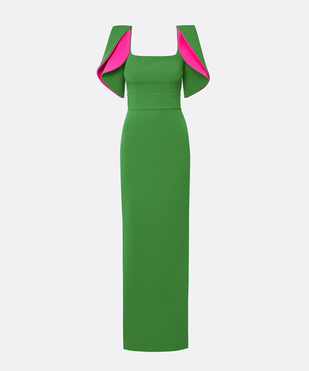 Square Neck Contrast Lining Cape Sleeve Wide Waistband Column Maxi Evening Gown
