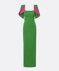 Square Neck Contrast Lining Cape Sleeve Wide Waistband Column Maxi Evening Gown