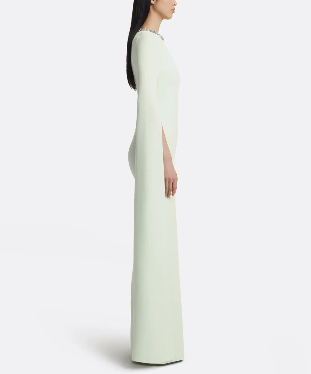 Pastel Green Crystal Neck Split Sleeve Formal Maxi Dress