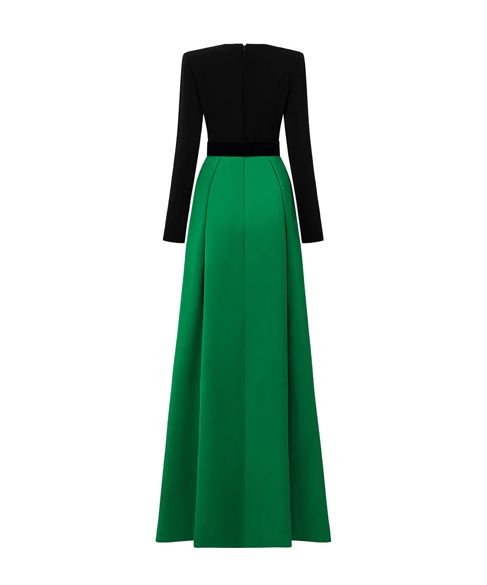 Black Green Color Block Velvet Bow Crystal Long Sleeve A-Line Maxi Evening Gown