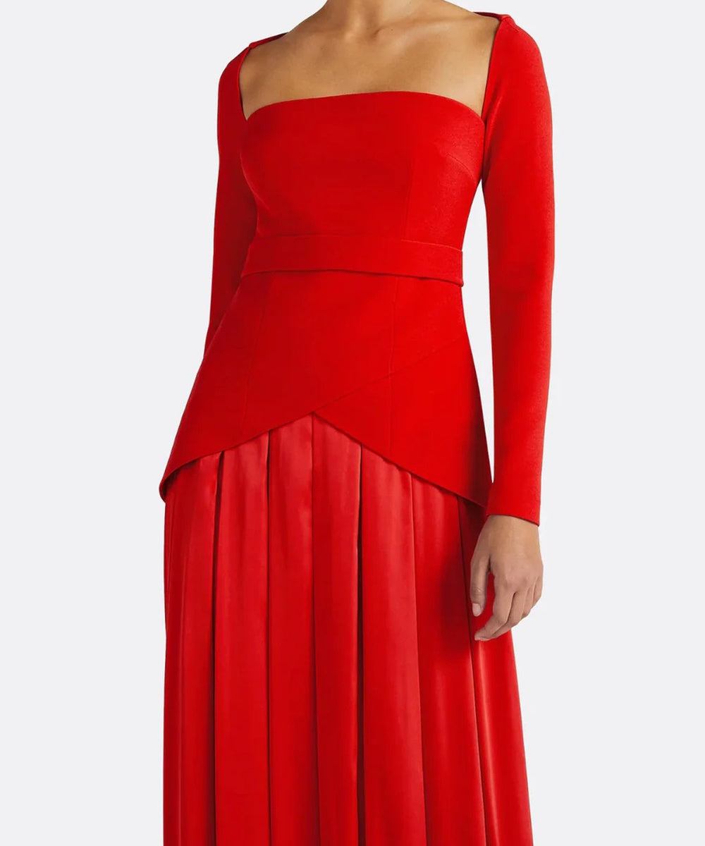 Red Square Neck Long Sleeve Two-Tier Crepe & Satin Pleated Maxi Evening Gown