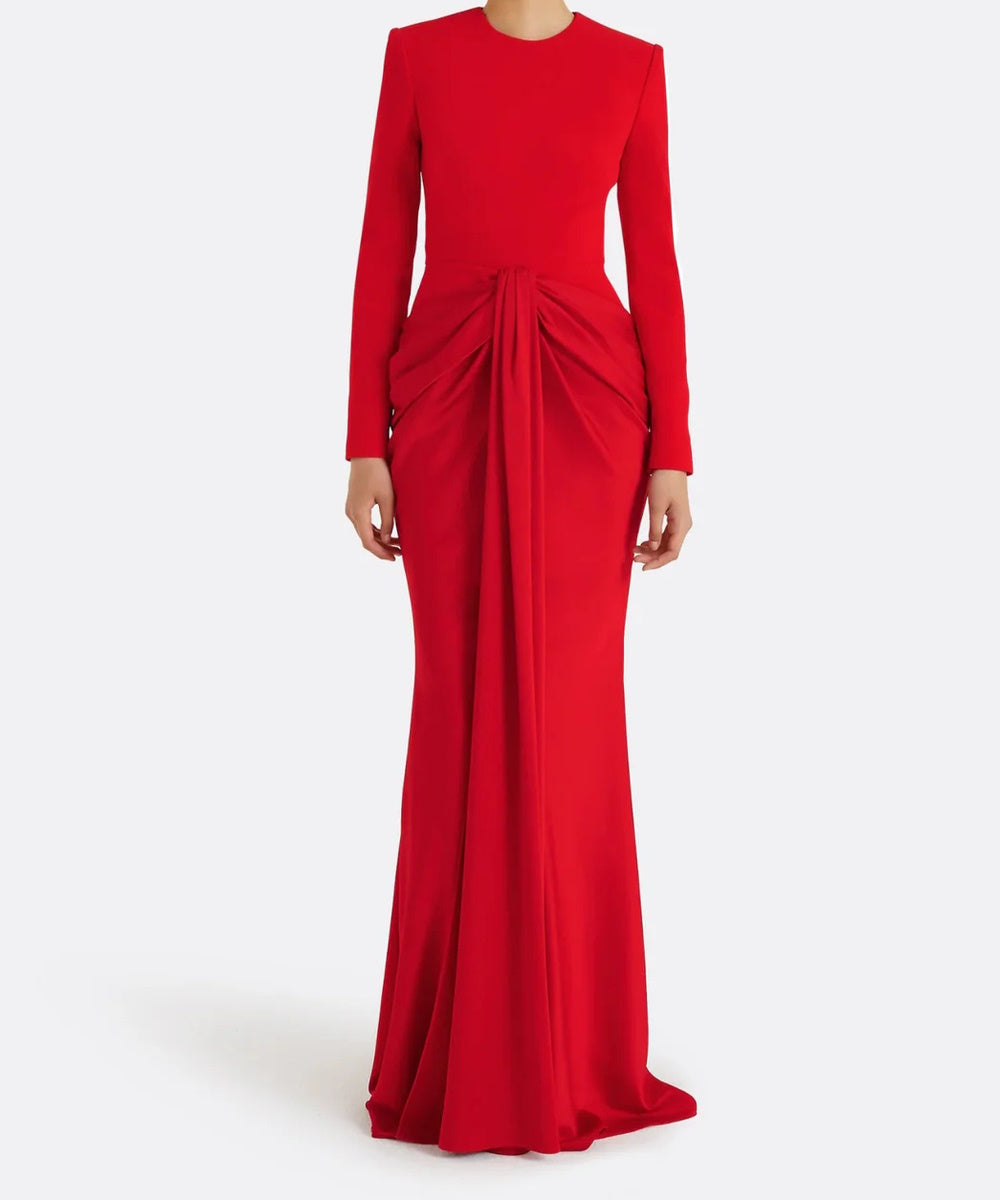 Bright Red Crew Neck Long Sleeve Waist Twist Draped Mermaid Train Evening Gown