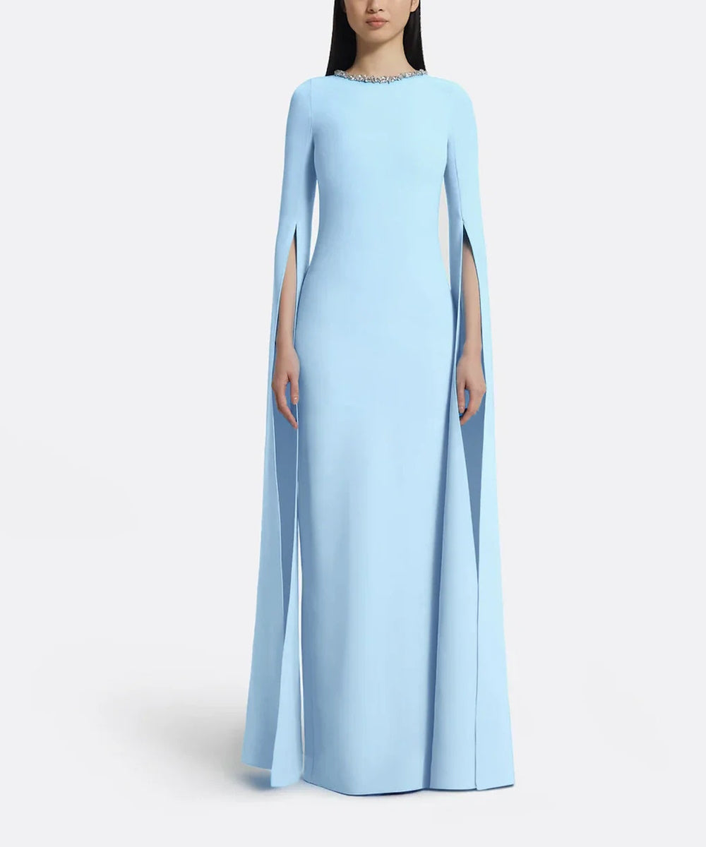 Sky Blue Crystal Neck Cape Sleeve Column Gown