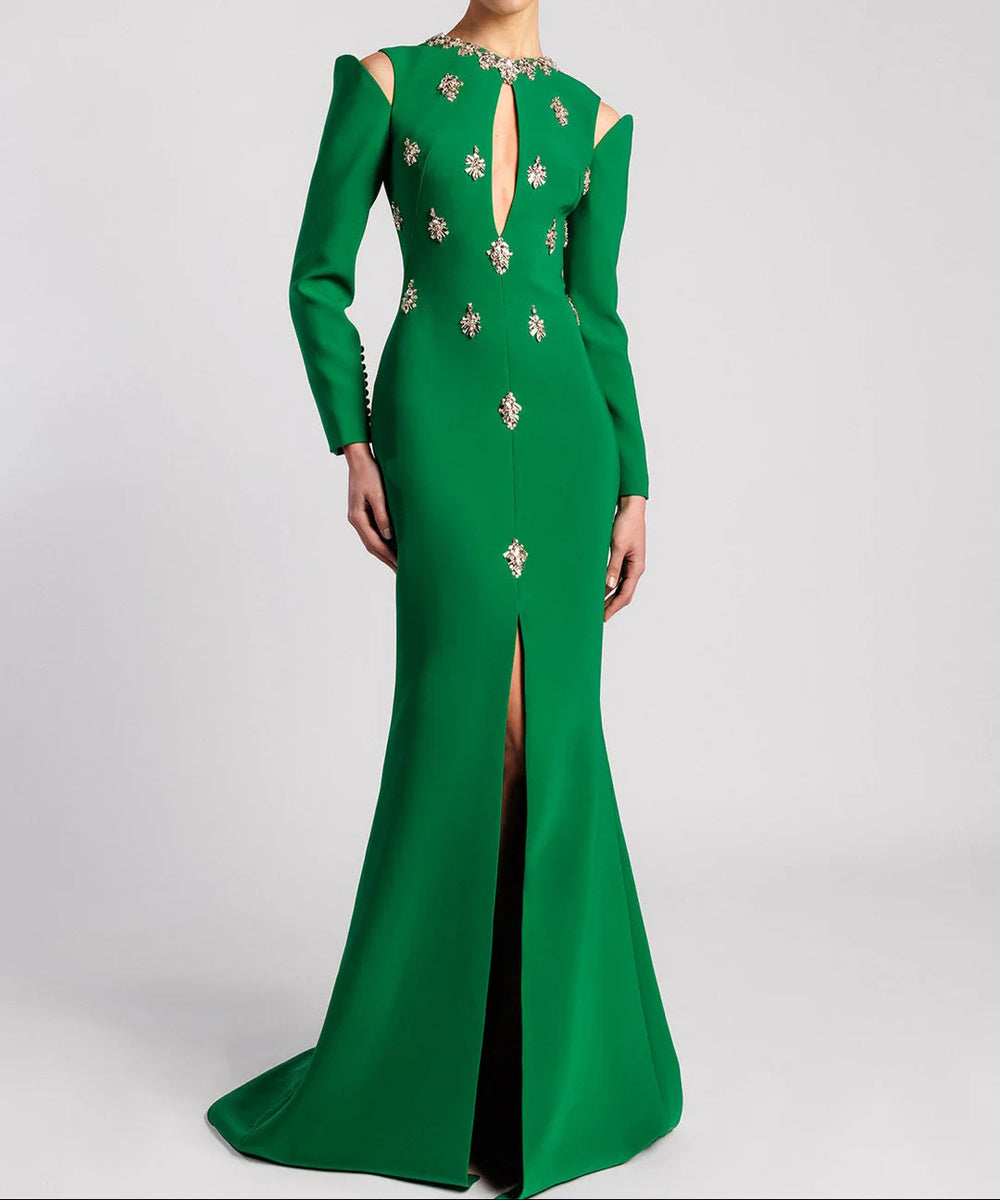 Cutout Cold Shoulder Crystal Embellished Mermaid Train Evening Gown