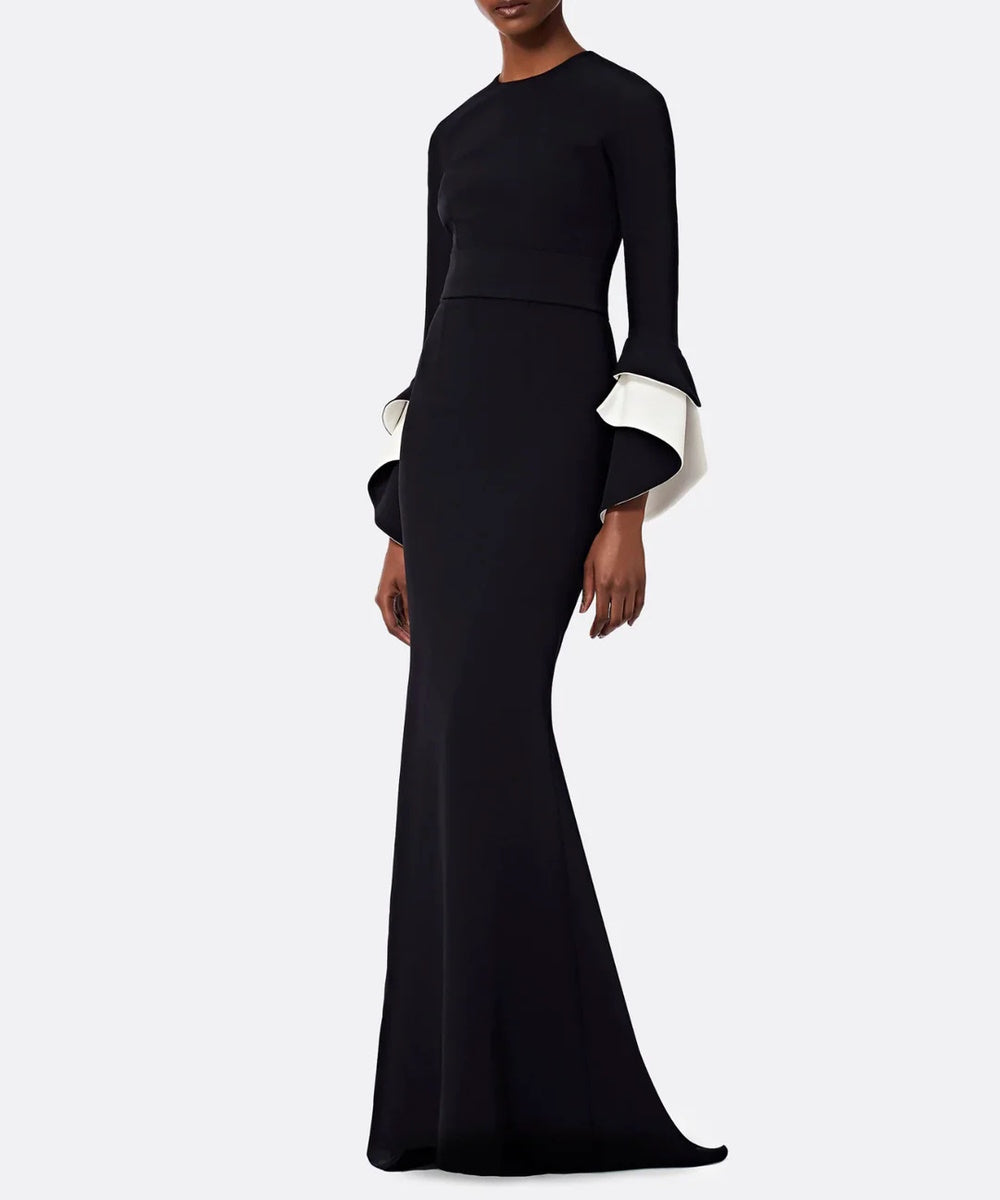 Black Crew Neck Two-Tone White Layered Flared Cuff Mermaid Train Evening Gown