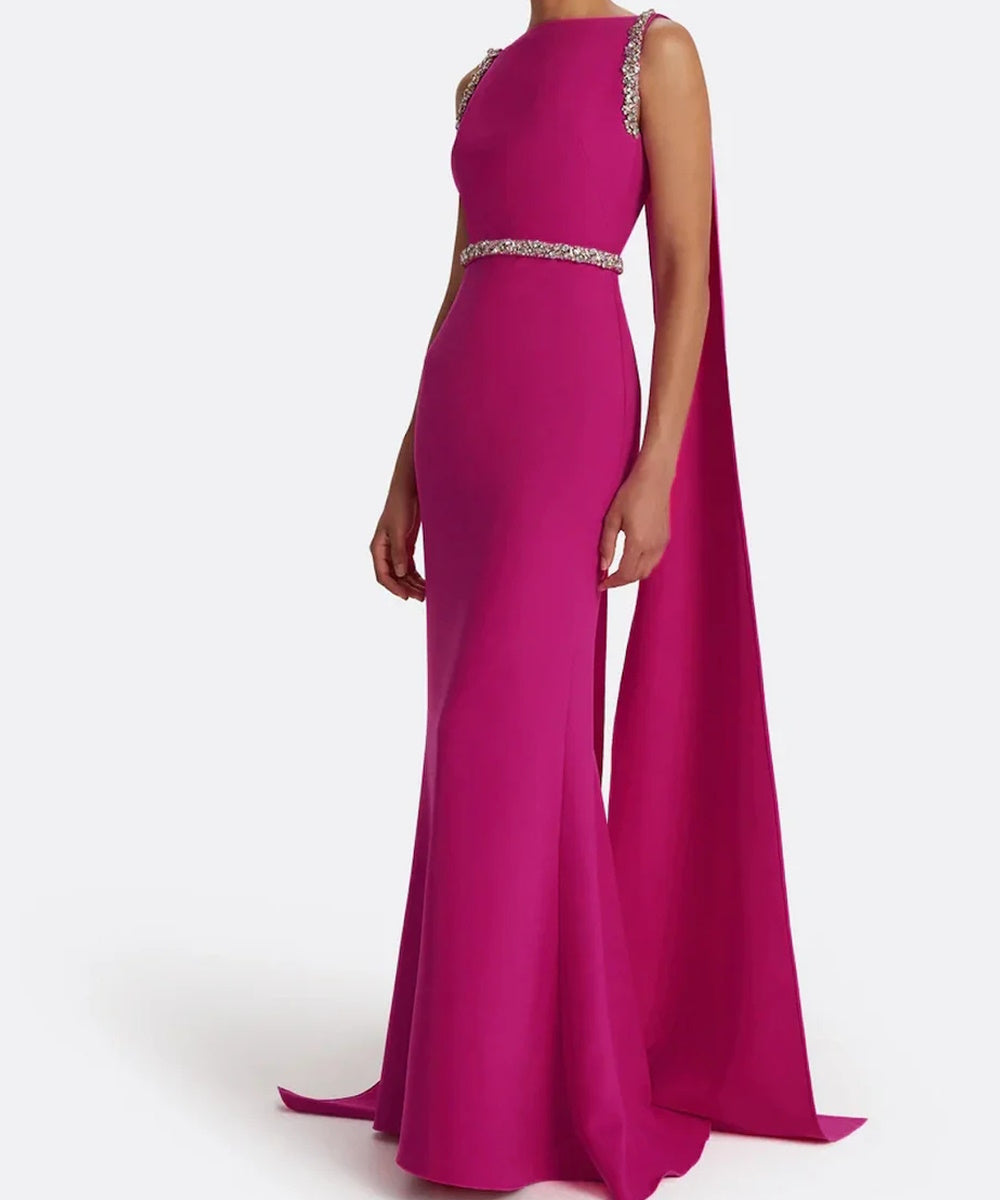 Fuchsia Boat Neck Crystal Trim Cape Sleeve Mermaid Maxi Evening Gown