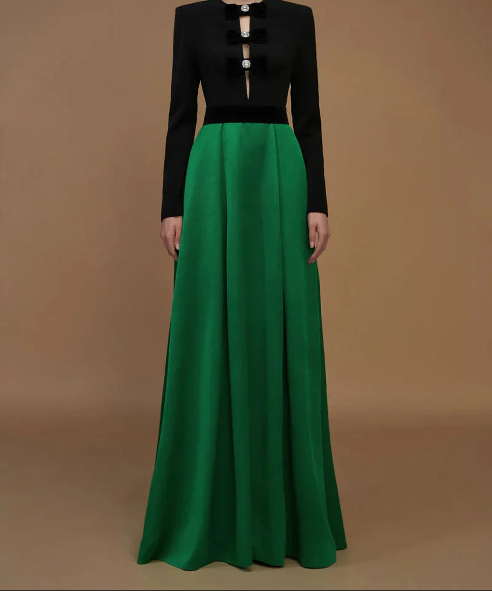 Black Green Color Block Velvet Bow Crystal Long Sleeve A-Line Maxi Evening Gown