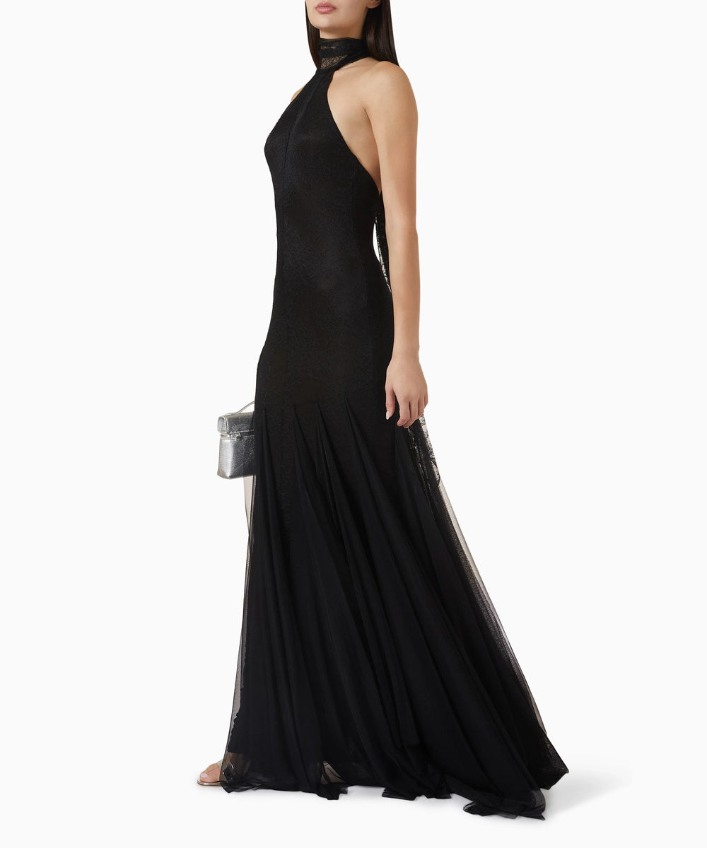 Black Halter Lace Maxi Gown With Flared Tulle Skirt