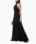 Black Halter Lace Maxi Gown With Flared Tulle Skirt