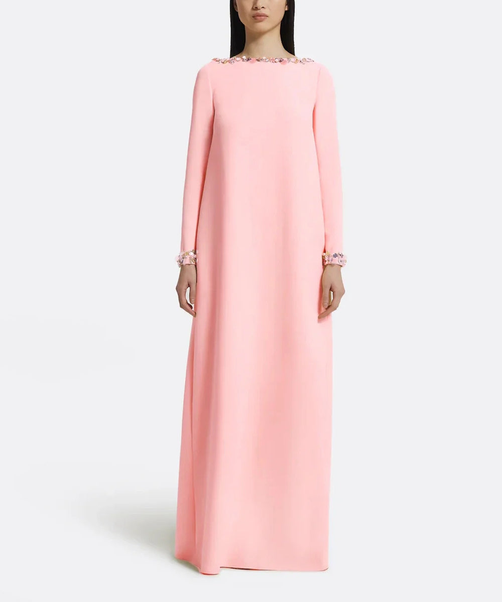 Blush Pink Multi-Colored Crystal Embellished Boat Neck Loose Straight Long Sleeve Maxi Gown