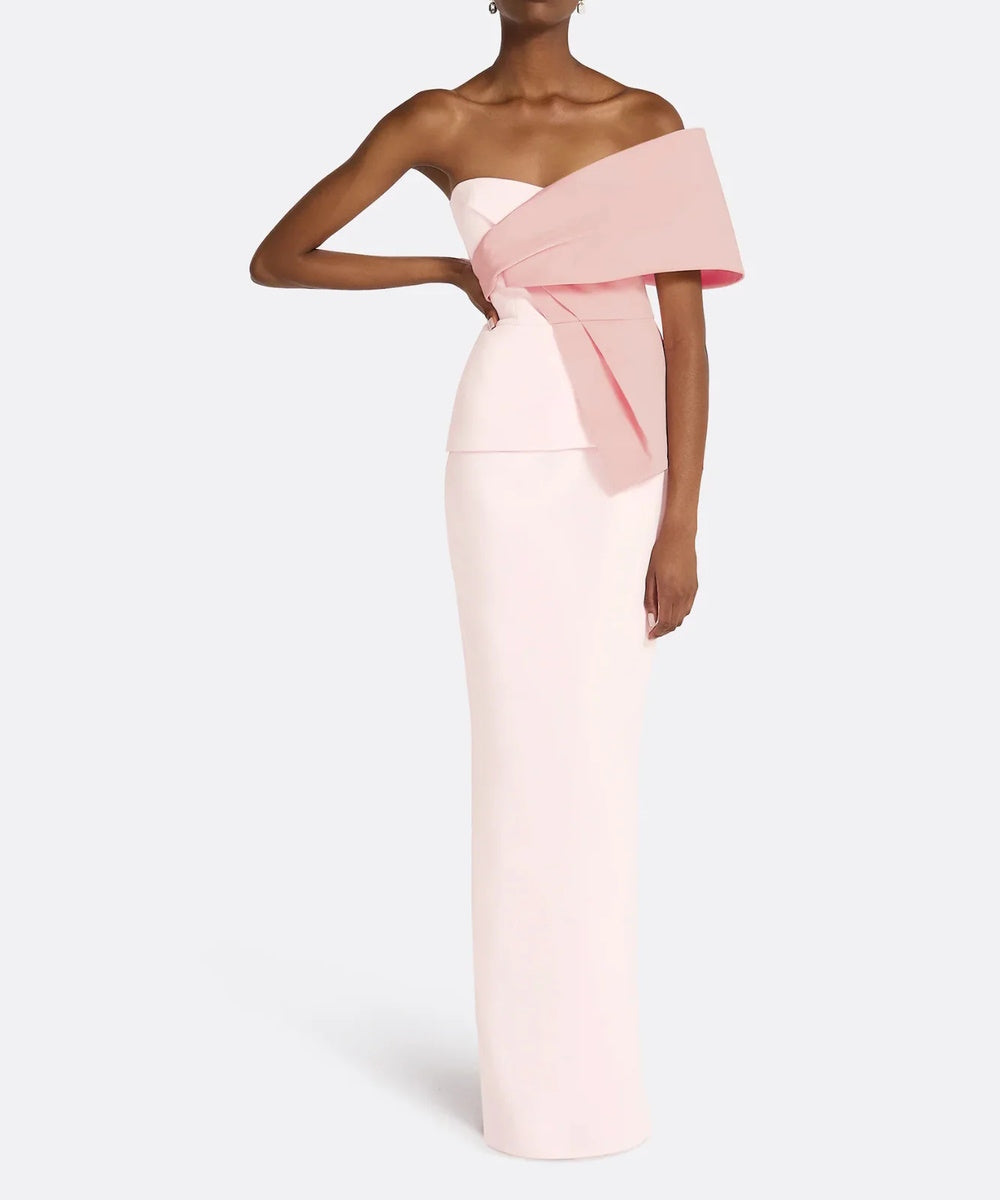 Light Pink One Shoulder Oversized Fold Panel Peplum Column Maxi Evening Gown
