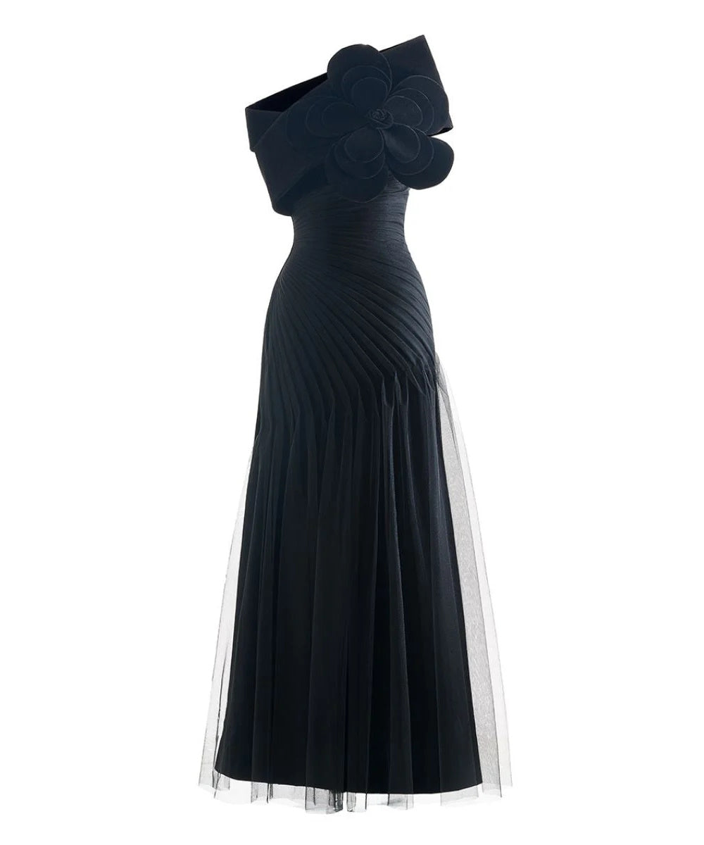 Black Off Shoulder Velvet 3D Flower Draped Pleated Tulle Maxi Evening Gown