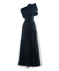 Black Off Shoulder Velvet 3D Flower Draped Pleated Tulle Maxi Evening Gown