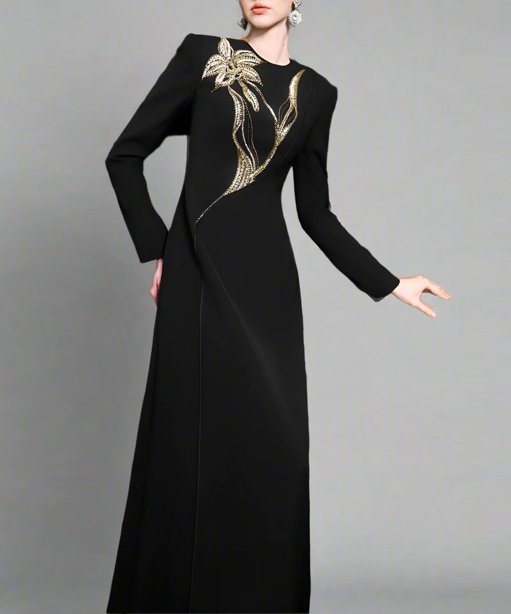 Black Long Sleeve Round Neck Gold Floral Rhinestone Embellished Column Formal Maxi Gown