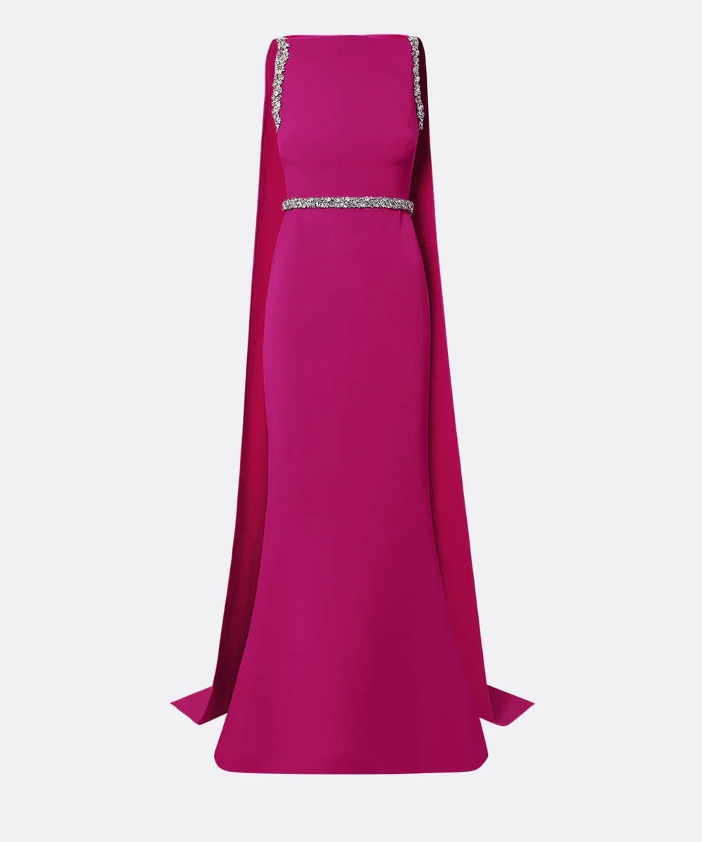Fuchsia Boat Neck Crystal Trim Cape Sleeve Mermaid Maxi Evening Gown