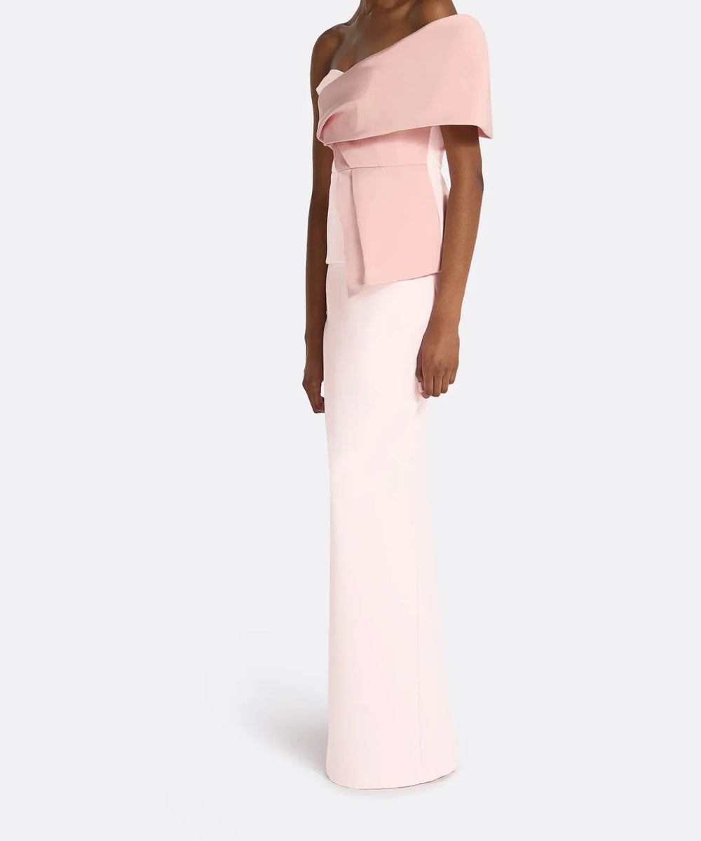 Light Pink One Shoulder Oversized Fold Panel Peplum Column Maxi Evening Gown