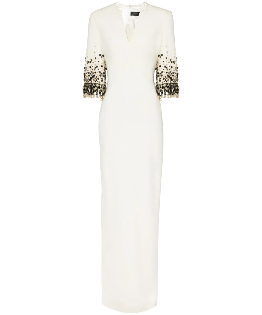 Cream Notched V Neck Gradient Beaded Tassel Cuff Three Quarter Sleeve Column Maxi Gown