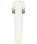 Cream Notched V Neck Gradient Beaded Tassel Cuff Three Quarter Sleeve Column Maxi Gown