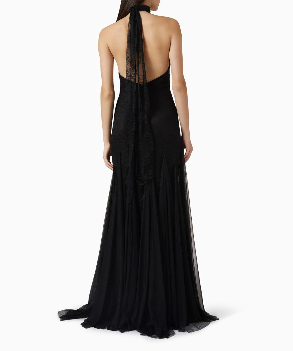 Black Halter Lace Maxi Gown With Flared Tulle Skirt